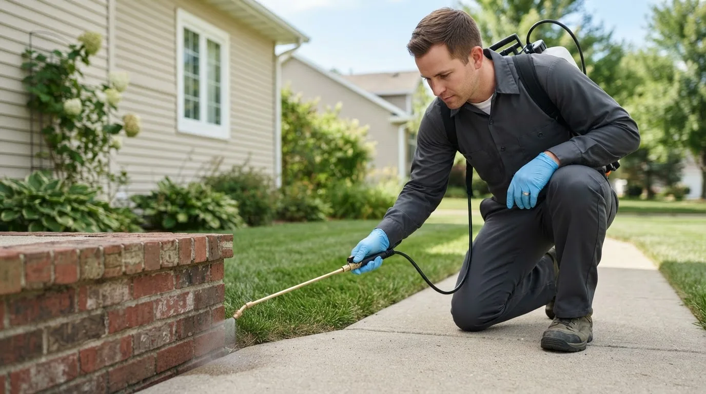 Pest control technician treating a home near Lascassas, TN